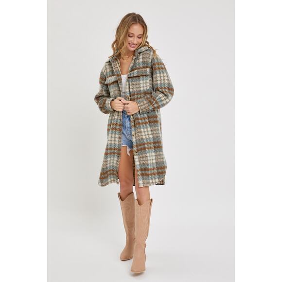 Sweet Lovely By Jen PLAID COAT SHACKET Teal Brown - Picture 4 of 7